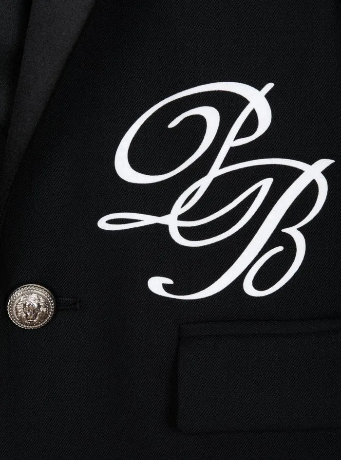1button Jacket With PB Signature Embroidery Black Kids Balmain