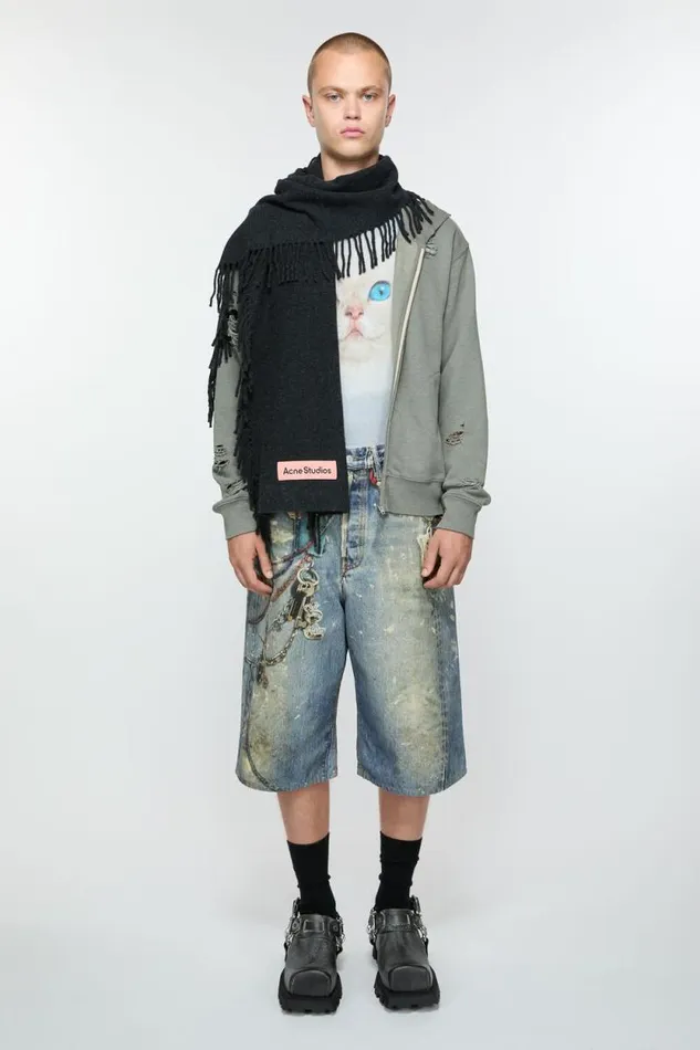 Acne Studios Fringe Wool Scarf Black Melange Men Scarves Acne Studios Fringe Wool Scarf Black Melange Men Scarves