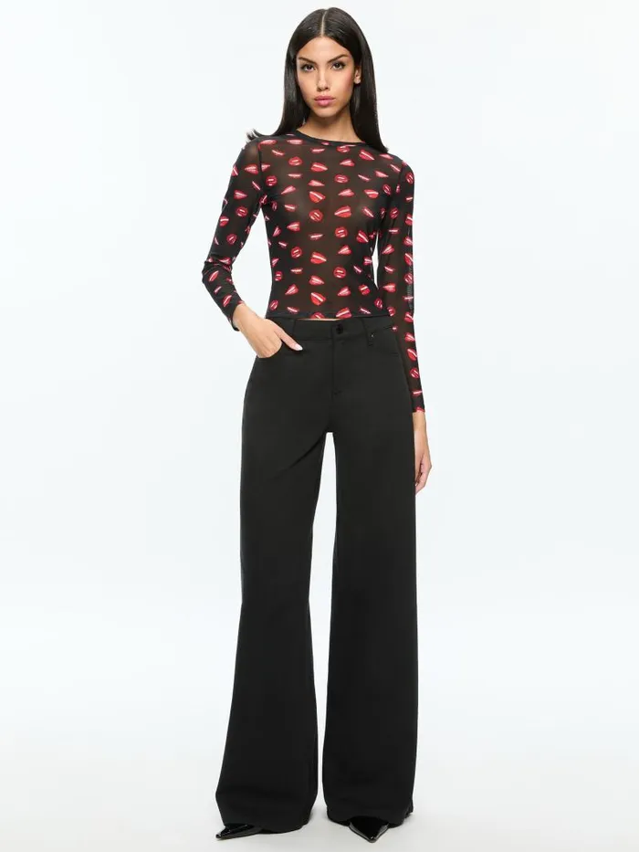 Alice Olivia AO X TOM WESSELMANN DELAINA MESH LONG SLEEVE TOP Lip Sync Black Women Tops
