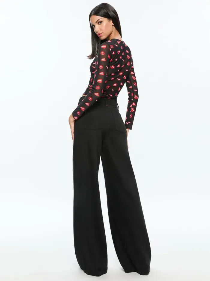 Alice Olivia AO X TOM WESSELMANN DELAINA MESH LONG SLEEVE TOP Lip Sync Black Women Tops