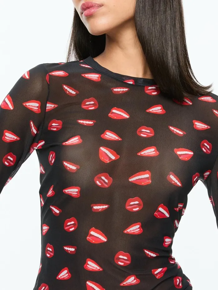 Alice Olivia AO X TOM WESSELMANN DELAINA MESH LONG SLEEVE TOP Lip Sync Black Women Tops