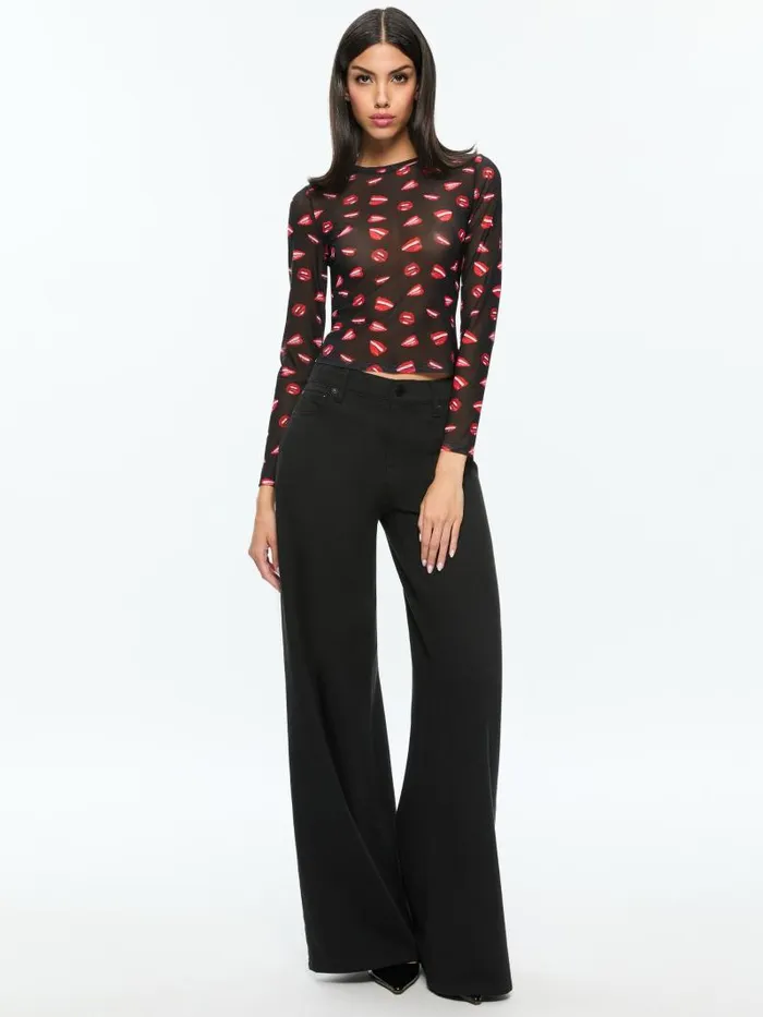 Alice Olivia AO X TOM WESSELMANN DELAINA MESH LONG SLEEVE TOP Lip Sync Black Women Tops