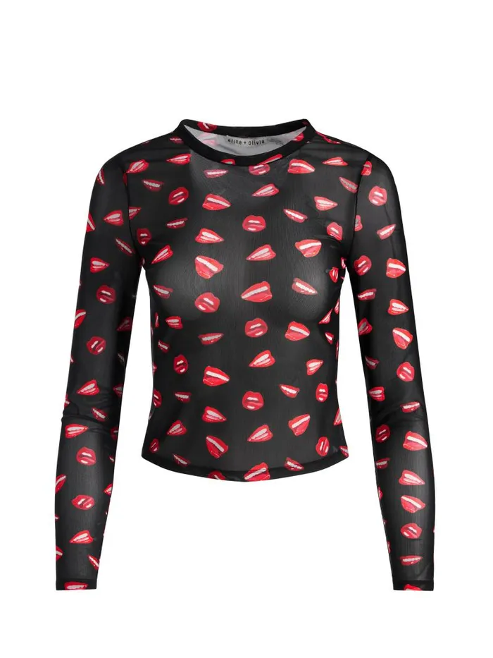 Alice Olivia AO X TOM WESSELMANN DELAINA MESH LONG SLEEVE TOP Lip Sync Black Women Tops