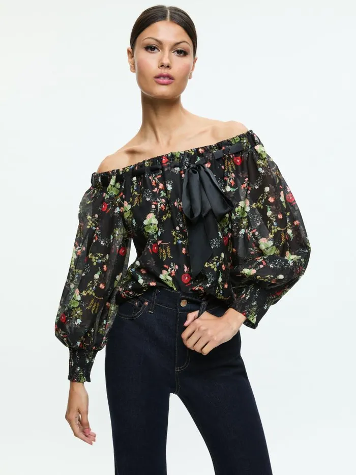 Alice Olivia ALTA OFF THE SHOULDER TOP Blush Kiss Black Women Tops