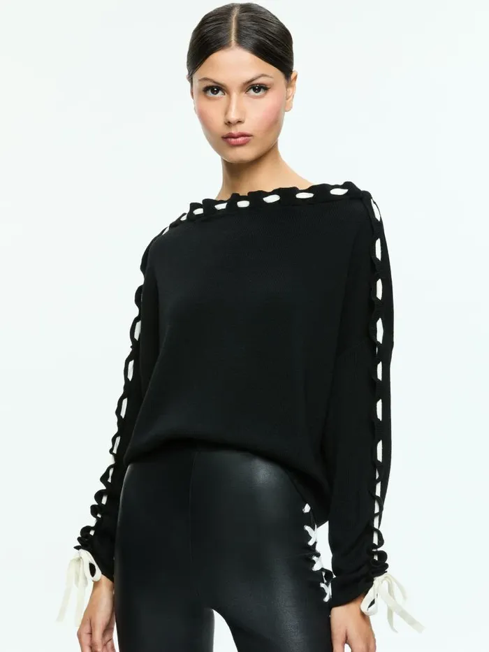 Alice Olivia CALANDRA LACE UP SLEEVE PULLOVER Blackecru Women Sweaters