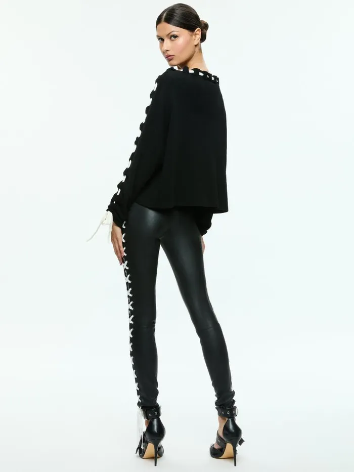 Alice Olivia CALANDRA LACE UP SLEEVE PULLOVER Blackecru Women Sweaters