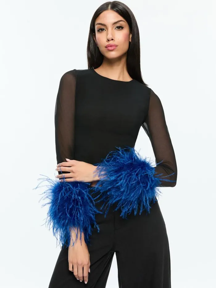 Alice Olivia DELAINA MESH FEATHER CUFFED LONG SLEEVE TOP Blackroyal Women Tops