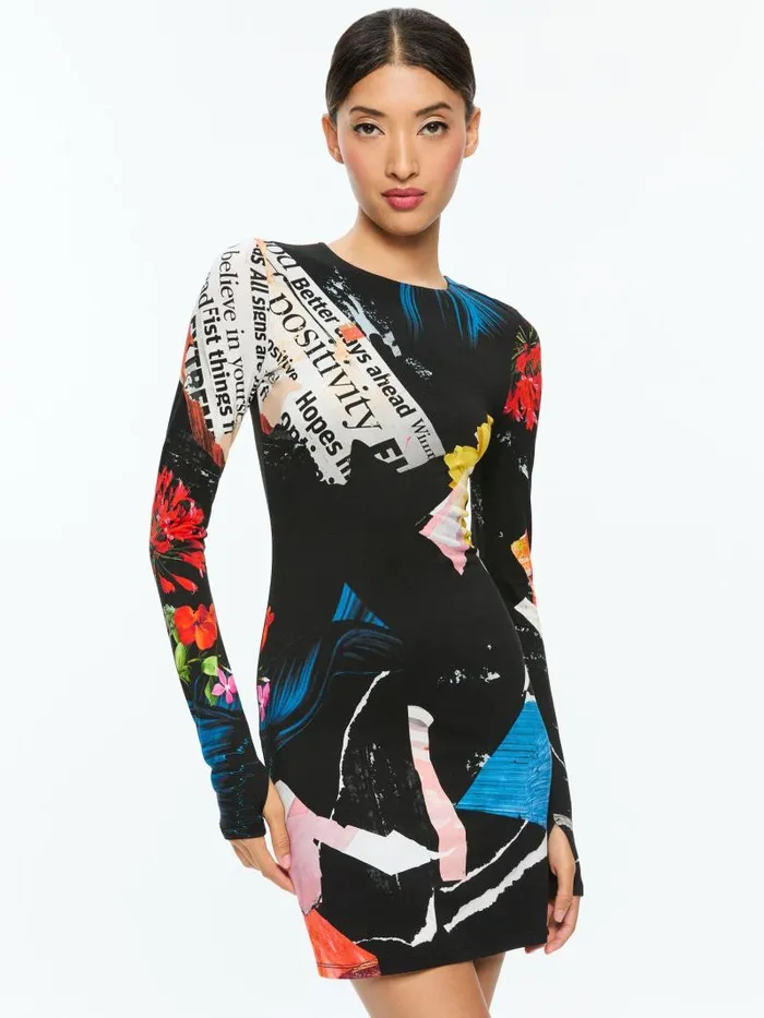 Alice Olivia DELORA CREW NECK LONG SLEEVE MINI DRESS Azalea Floral Women Dresses