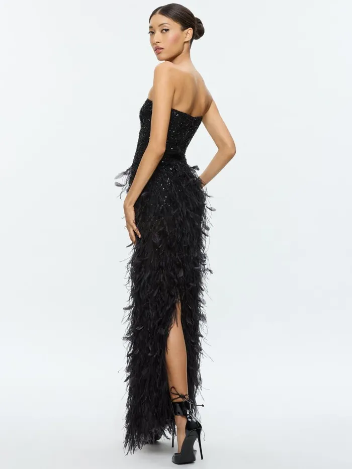 Alice Olivia DELORA EMBELLISHED STRAPLESS GOWN WITH FEATHERS Black Women Dresses