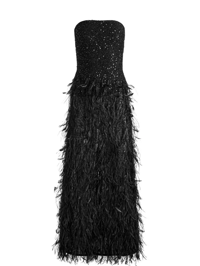 Alice Olivia DELORA EMBELLISHED STRAPLESS GOWN WITH FEATHERS Black Women Dresses