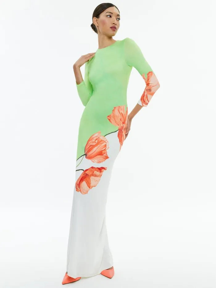 Alice Olivia DELORA OPEN BACK CREW NECK MAXI DRESS Dream Life Sharp Green Women Dresses