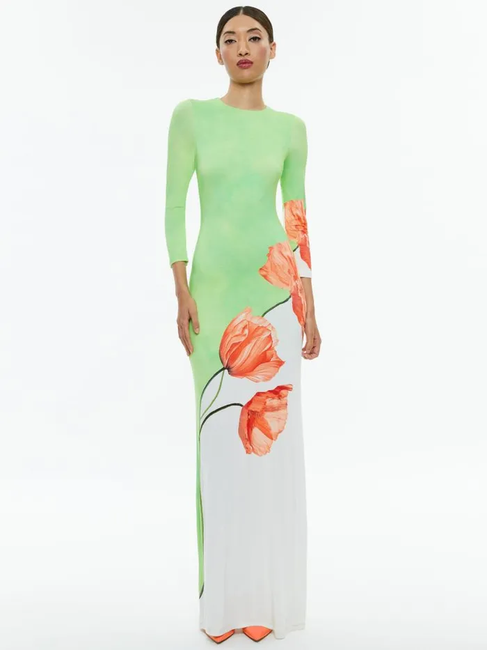 Alice Olivia DELORA OPEN BACK CREW NECK MAXI DRESS Dream Life Sharp Green Women Dresses