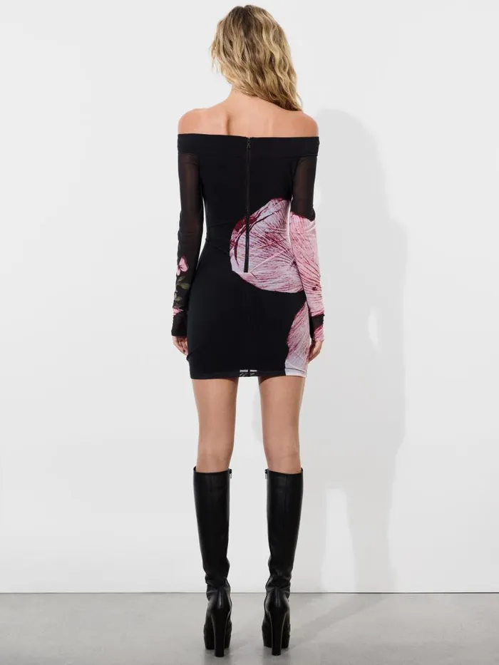Alice Olivia DORINDA OFF THE SHOULDER MINI DRESS WITH THUMBHOLES Luna Floral Women Dresses