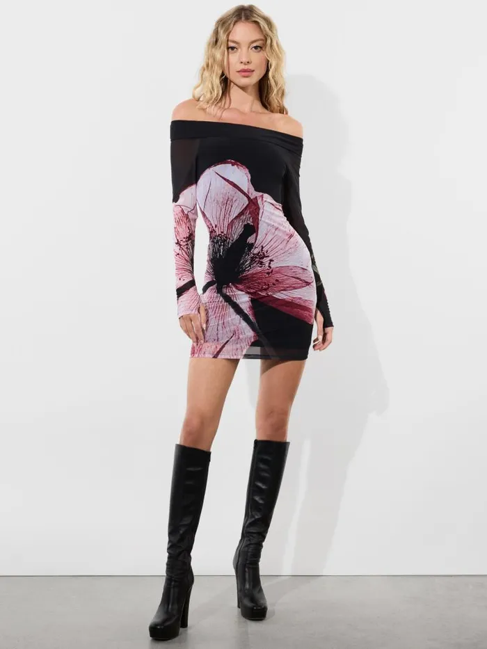 Alice Olivia DORINDA OFF THE SHOULDER MINI DRESS WITH THUMBHOLES Luna Floral Women Dresses