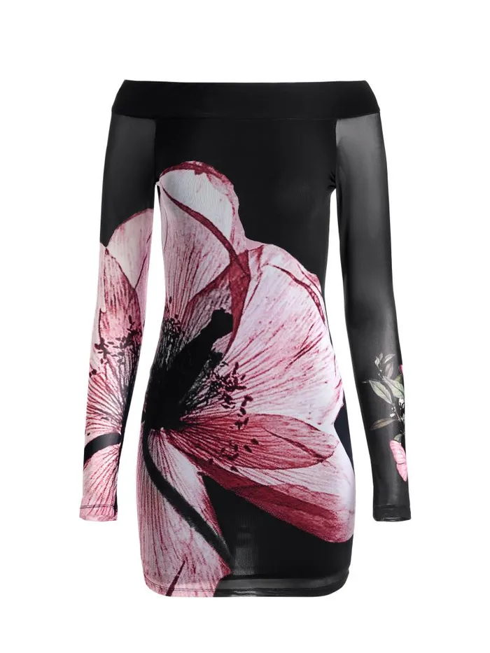 Alice Olivia DORINDA OFF THE SHOULDER MINI DRESS WITH THUMBHOLES Luna Floral Women Dresses