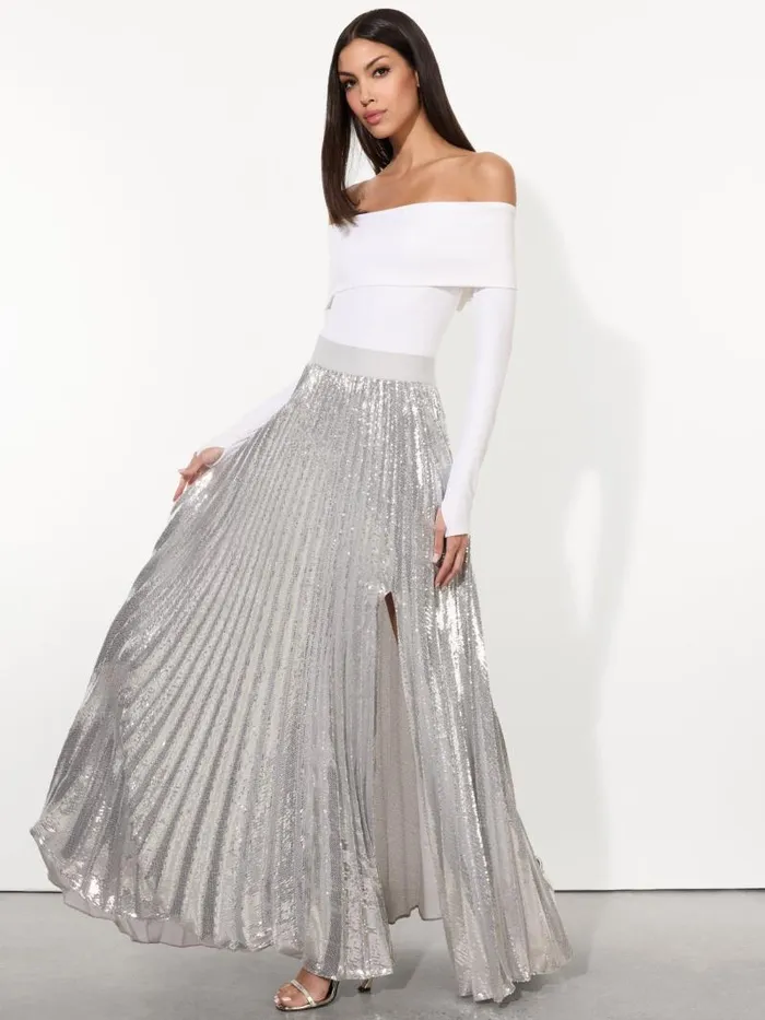 Alice Olivia IVEY SEQUIN SUNBURST PLEATED MAXI SKIRT WITH SLIT Silver Women Skirts