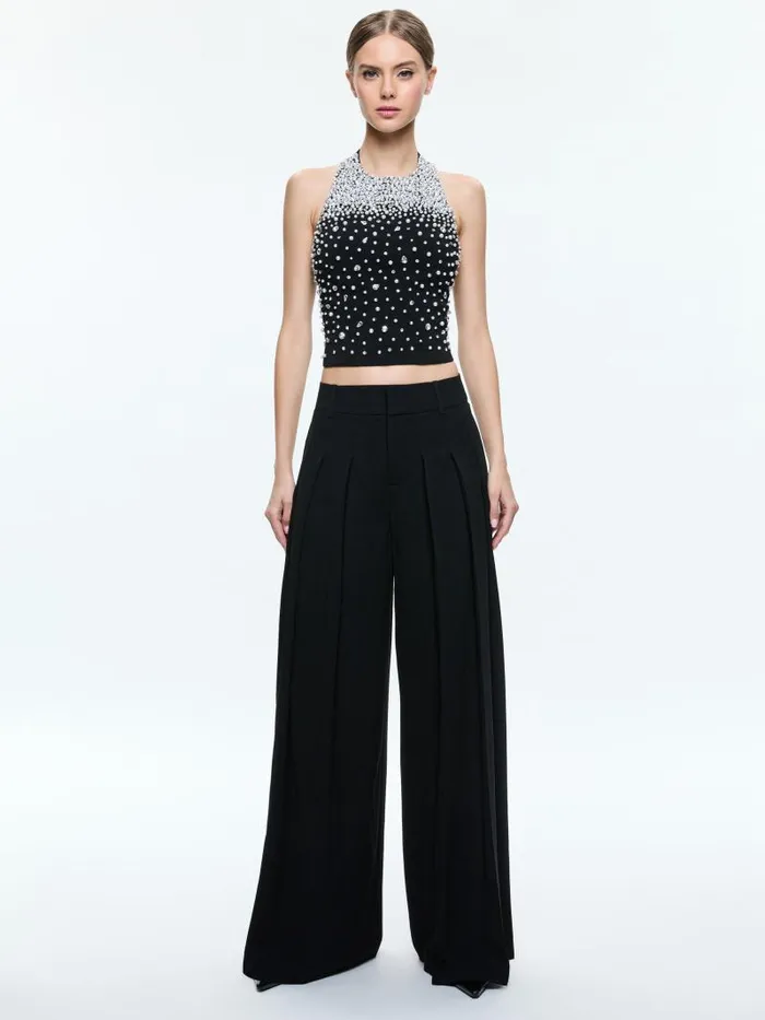 Alice Olivia KIESHA EMBELLISHED HALTER CROPPED TOP Blacksilver Women Tops