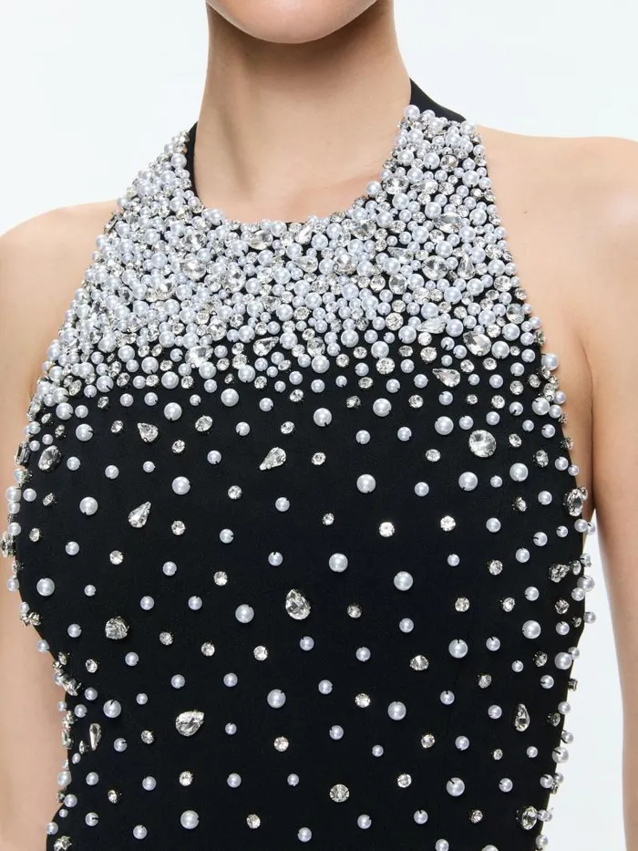 Alice Olivia KIESHA EMBELLISHED HALTER CROPPED TOP Blacksilver Women Tops