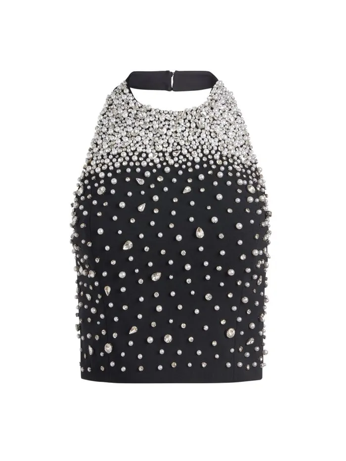 Alice Olivia KIESHA EMBELLISHED HALTER CROPPED TOP Blacksilver Women Tops