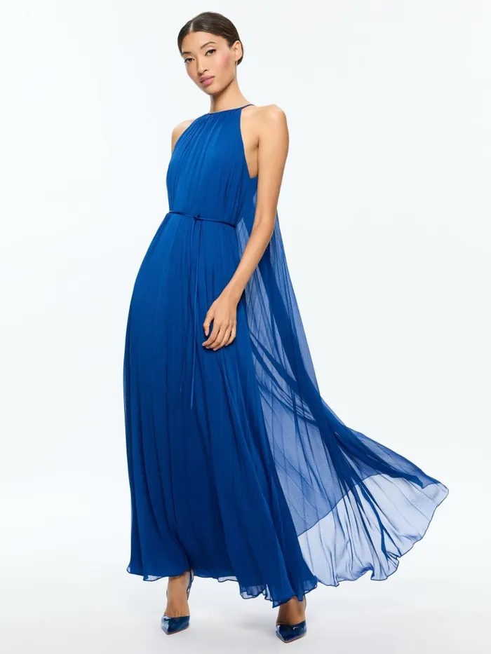 Alice Olivia MATIRA TIE NECK DRAMA PLEATED MAXI DRESS Royal Women Dresses