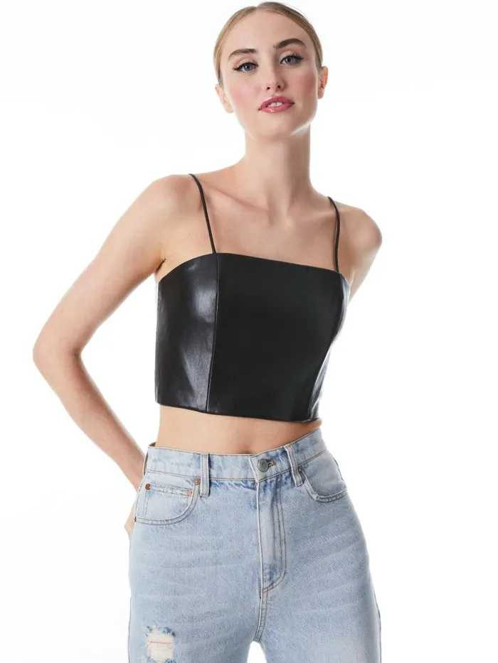 Alice Olivia PEARLE VEGAN LEATHER SPAGHETTI STRAP BUSTIER Black Women Tops