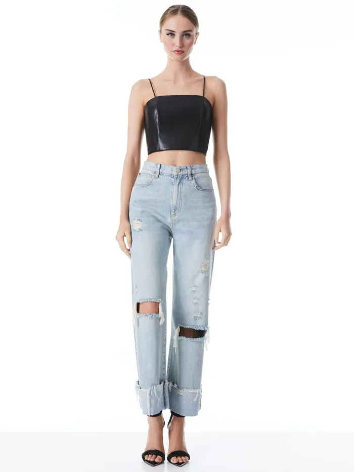 Alice Olivia PEARLE VEGAN LEATHER SPAGHETTI STRAP BUSTIER Black Women Tops