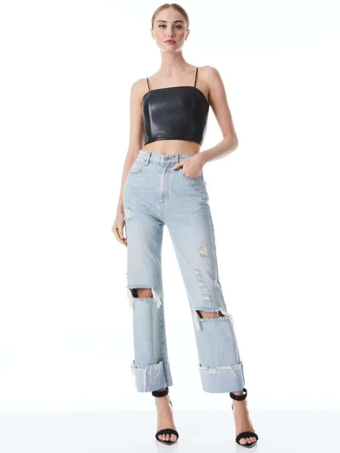 Alice Olivia PEARLE VEGAN LEATHER SPAGHETTI STRAP BUSTIER Black Women Tops
