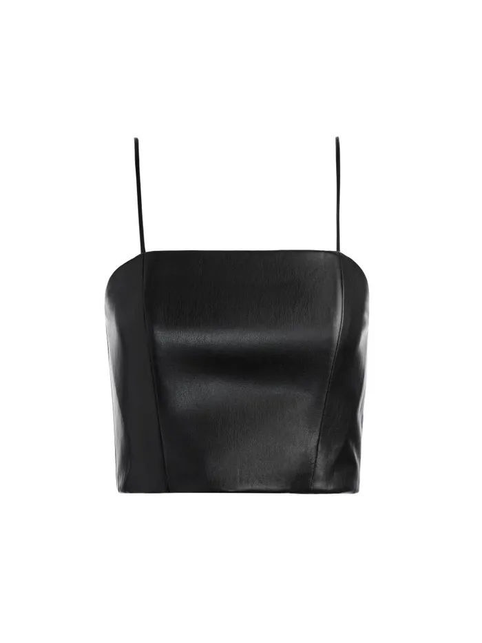 Alice Olivia PEARLE VEGAN LEATHER SPAGHETTI STRAP BUSTIER Black Women Tops