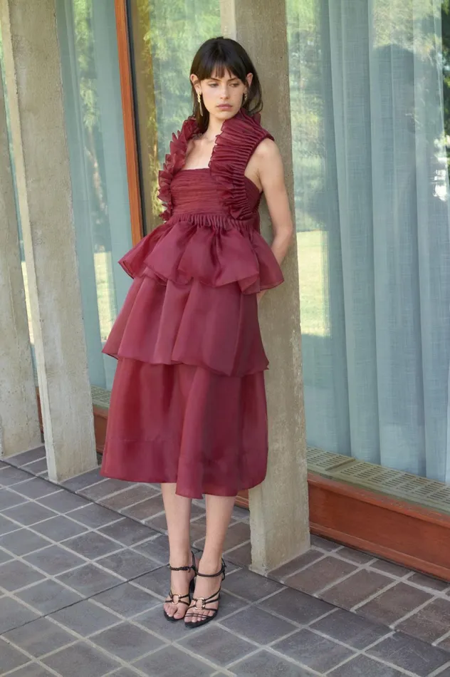 Asra Pleated Frill Midi Dress Mahogany Red Women Aje Midi Dresses
