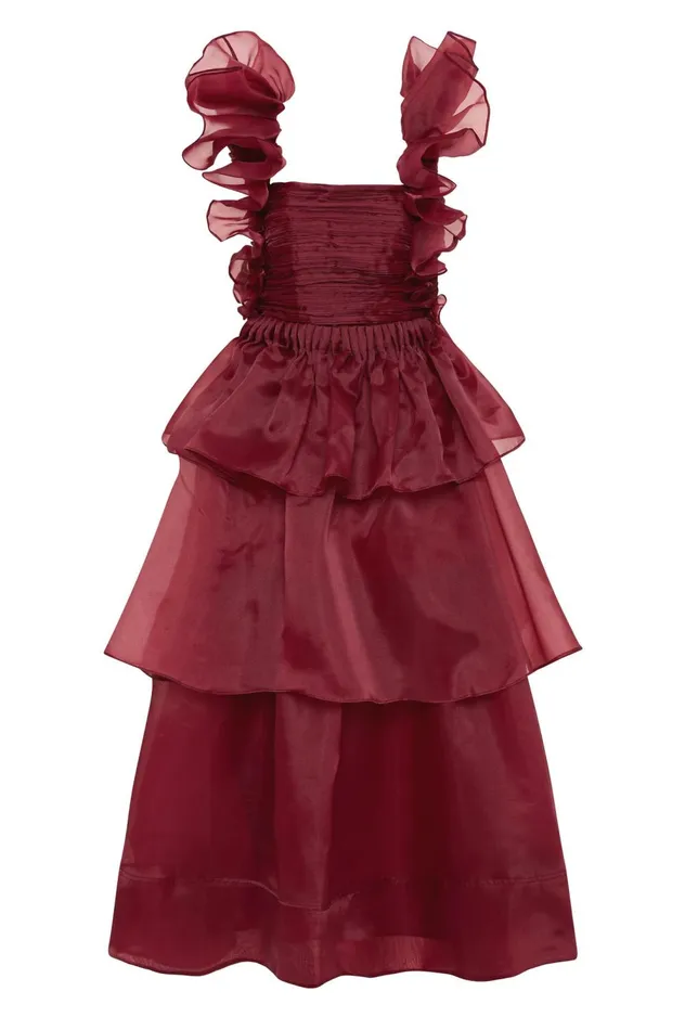 Asra Pleated Frill Midi Dress Mahogany Red Women Aje Midi Dresses