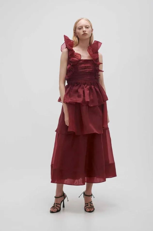 Asra Pleated Frill Midi Dress Mahogany Red Women Aje Midi Dresses