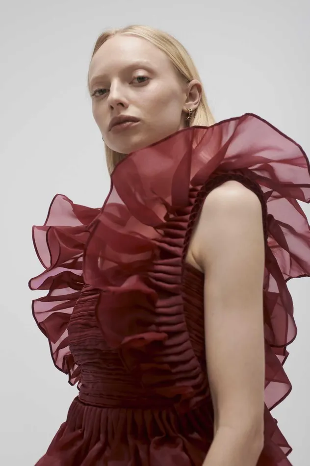 Asra Pleated Frill Midi Dress Mahogany Red Women Aje Midi Dresses