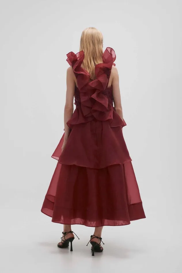 Asra Pleated Frill Midi Dress Mahogany Red Women Aje Midi Dresses