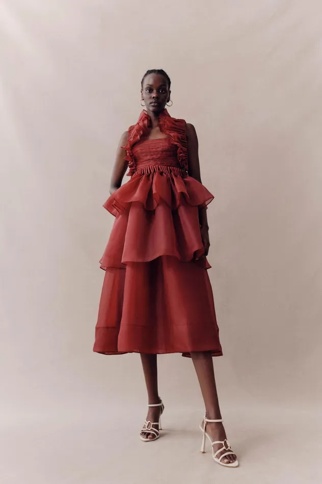 Asra Pleated Frill Midi Dress Mahogany Red Women Aje Midi Dresses