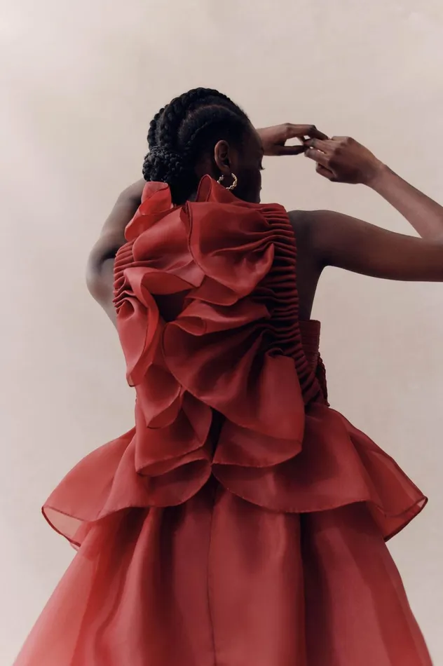 Asra Pleated Frill Midi Dress Mahogany Red Women Aje Midi Dresses