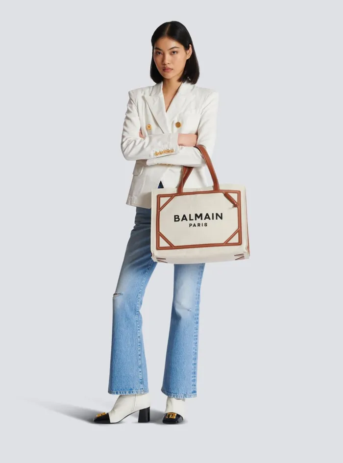 BArmy 42 Canvas Tote Bag With Leather Details Beige Women Balmain Shoulder Bags