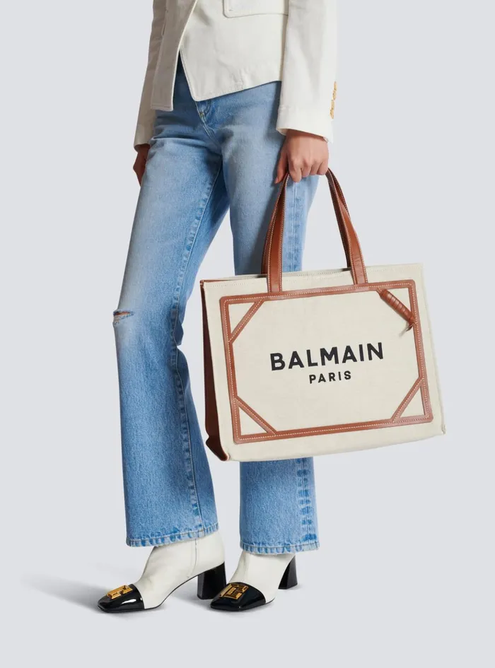 BArmy 42 Canvas Tote Bag With Leather Details Beige Women Balmain Shoulder Bags