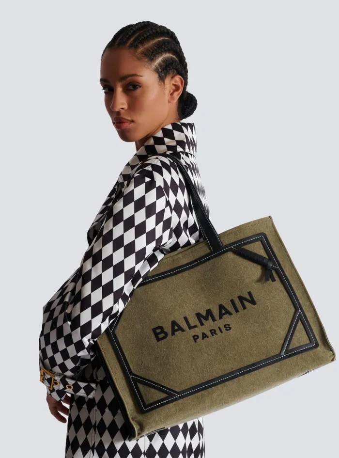 BArmy 42 Canvas Tote Bag With Leather Details Khaki Women Balmain Shoulder Bags
