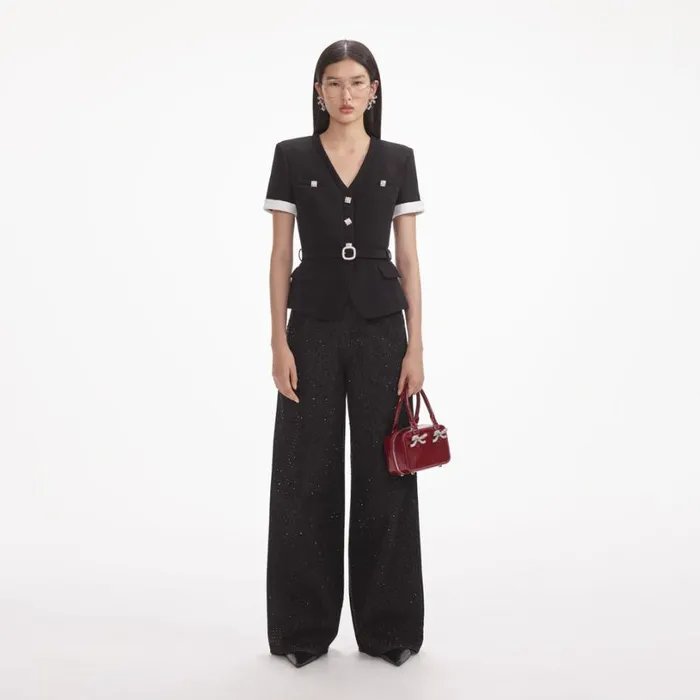 Black Crepe Contrast Top Women Self Portrait Tops