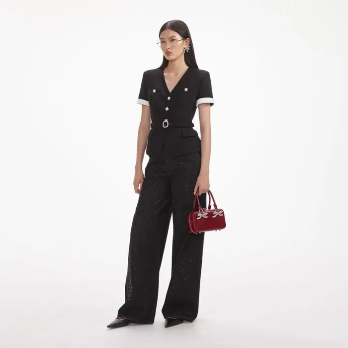 Black Crepe Contrast Top Women Self Portrait Tops Black Crepe Contrast Top Women Self Portrait Tops