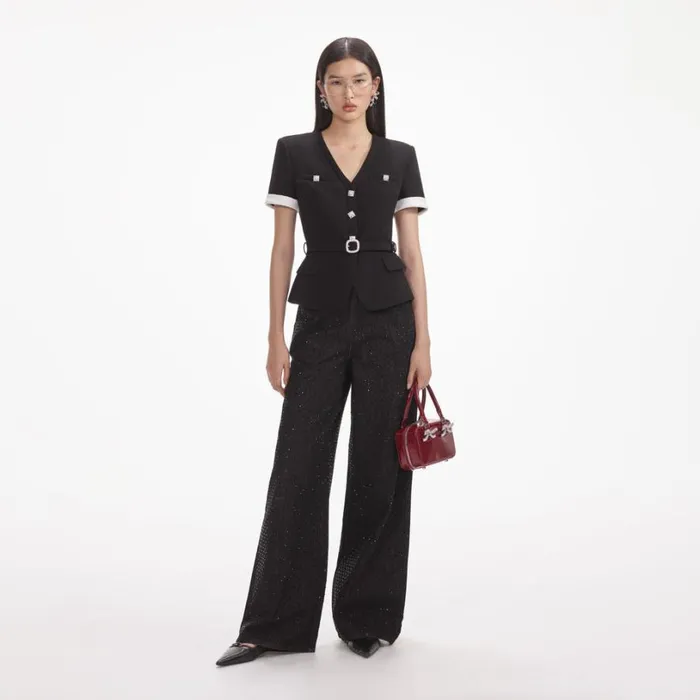Black Crepe Contrast Top Women Self Portrait Tops Black Crepe Contrast Top Women Self Portrait Tops