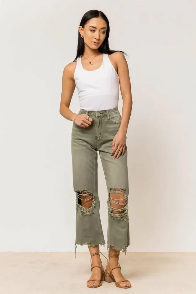 Charlie Distressed Jeans In Olive Olive Women Bohme Denim