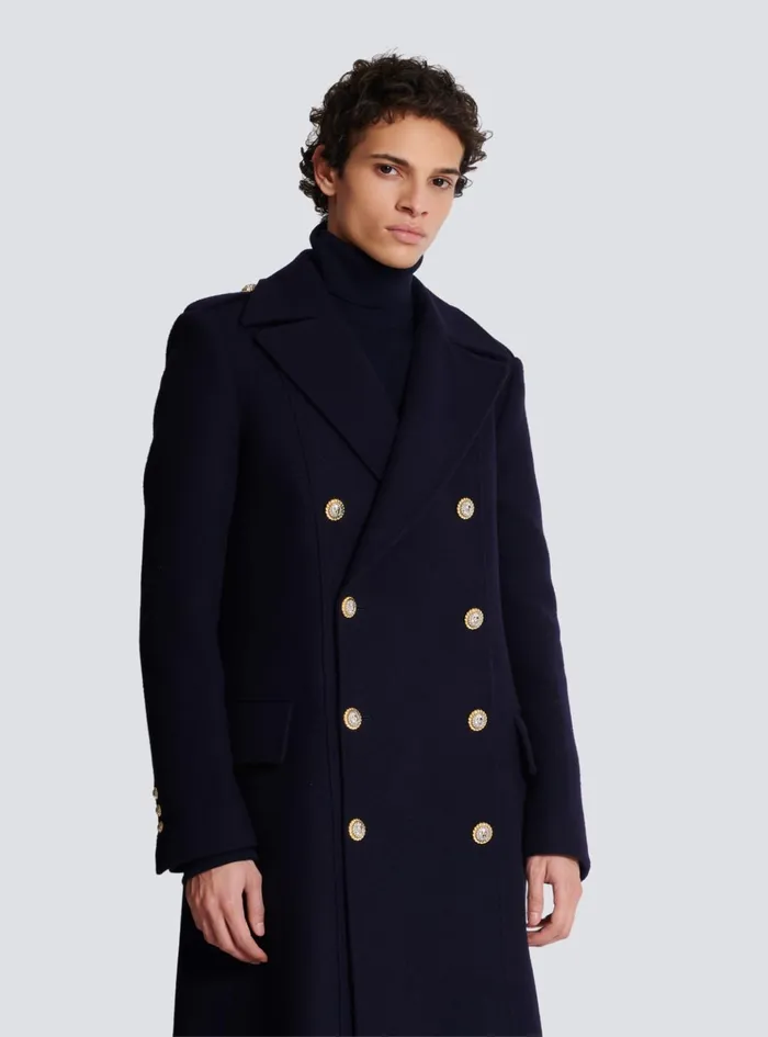 Coat In Felted Doublefaced Wool Navy Men Balmain Outerwear