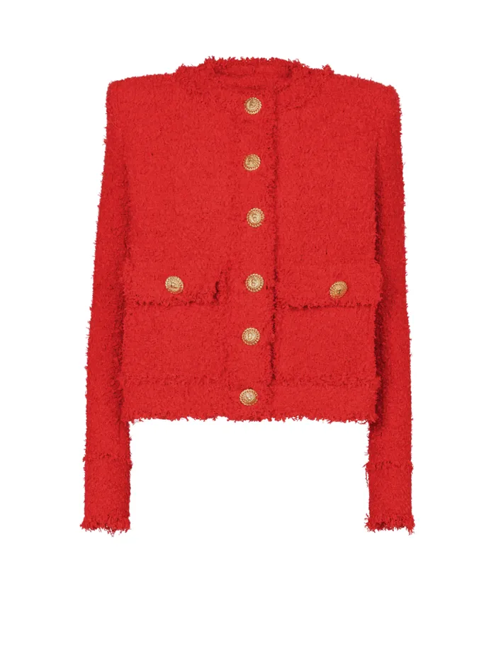 Cropped Tweed Jacket Red Women Balmain Jackets And Blazers