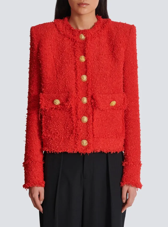 Cropped Tweed Jacket Red Women Balmain Jackets And Blazers