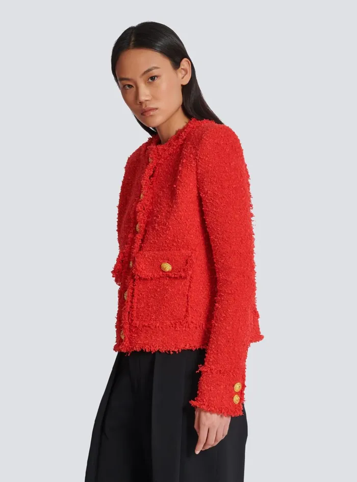 Cropped Tweed Jacket Red Women Balmain Jackets And Blazers