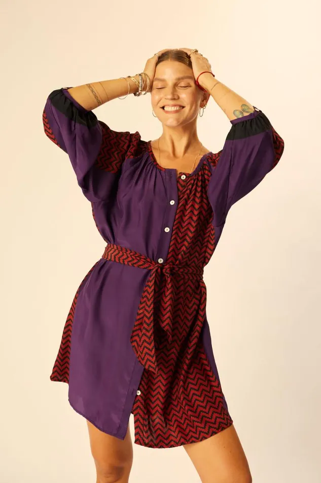 Dresses Shop Natalie Martin ALEX SHORT DRESS Block Zigzag Aubergine