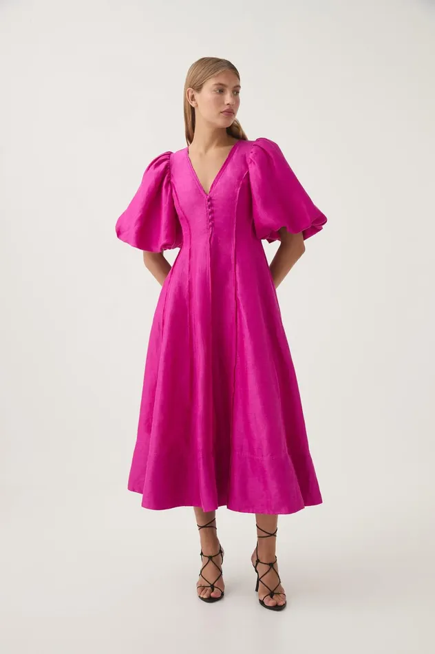 Dusk Puff Sleeve Midi Dress Deep Magenta Women Aje Pink Dresses