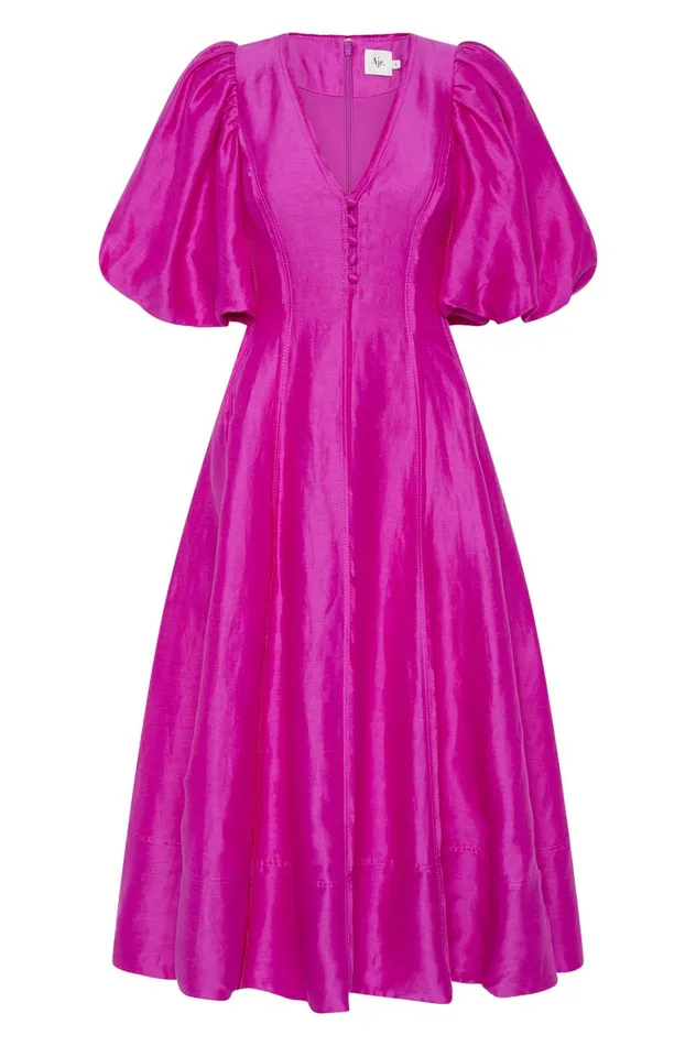 Dusk Puff Sleeve Midi Dress Deep Magenta Women Aje Pink Dresses