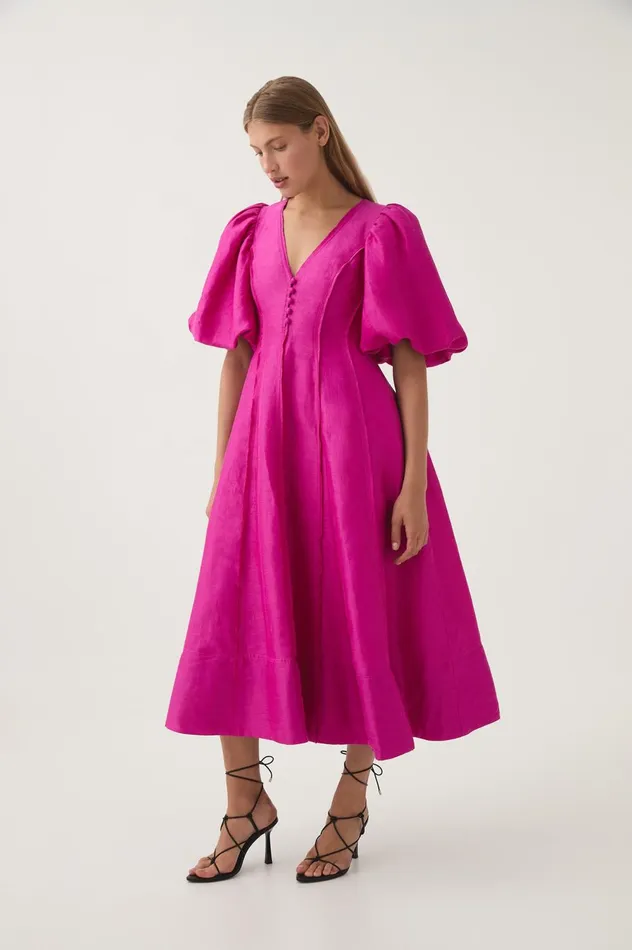 Dusk Puff Sleeve Midi Dress Deep Magenta Women Aje Pink Dresses